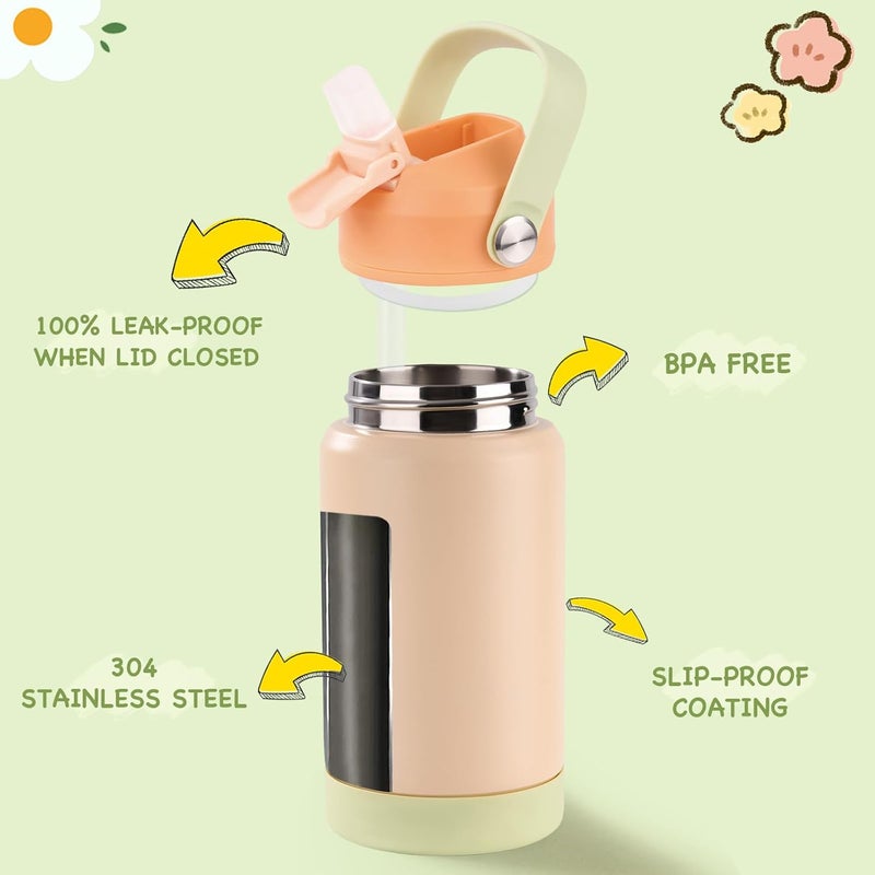 Kerilyn 12oz Kids Water Bottle 2 Pack, Stainless Steel Insulated Water Bottle Bulk, Toddler Cups with Straws Leak-Proof, Kids Water Bottles for School Boys Girls, BPA Free, Cantaloupe + Yellow - Image 2